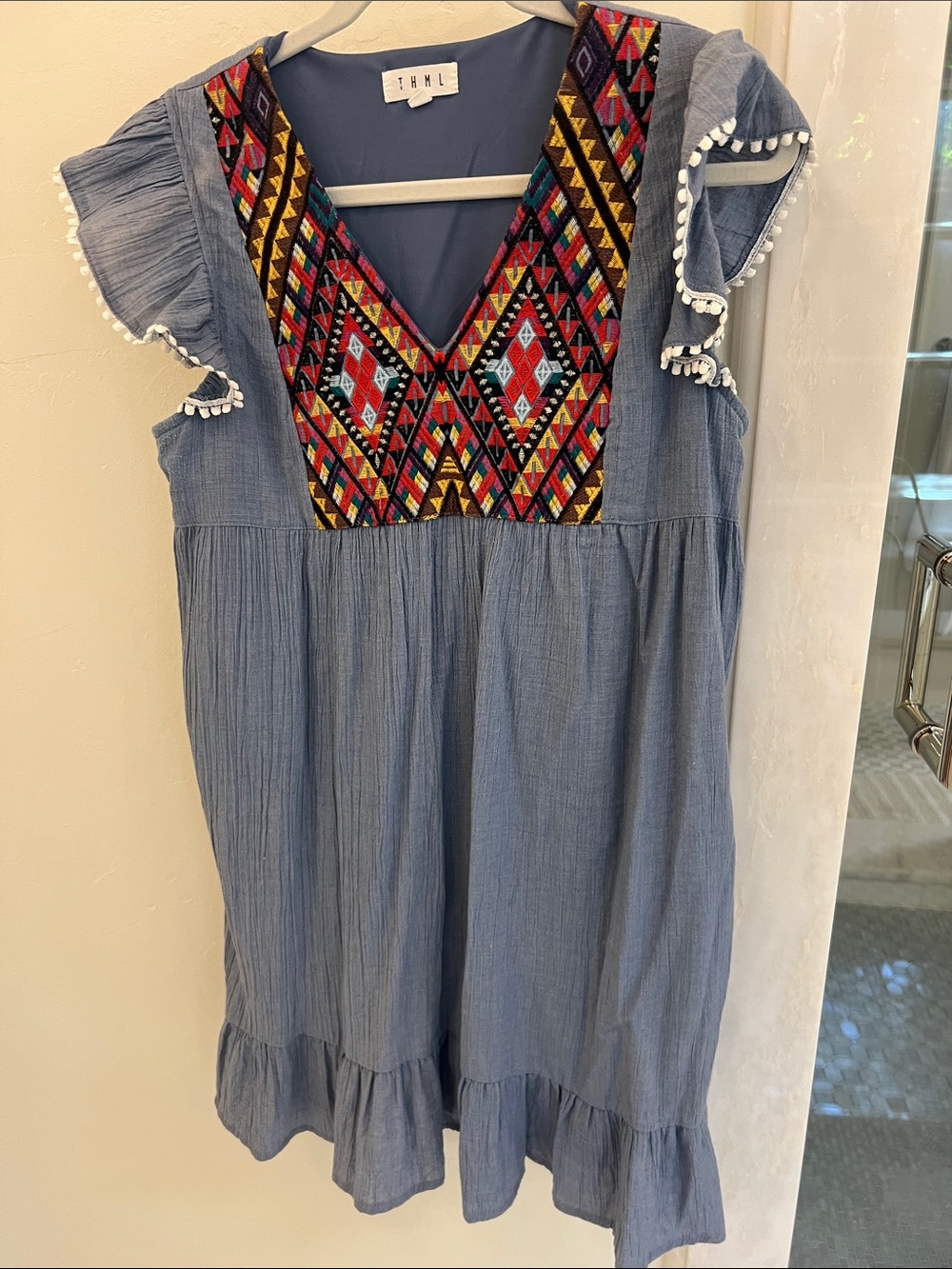 THML Blue Dress with Multicolor Embroidered V-Neck